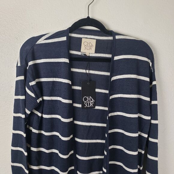 Chaser NWT Women's Blueish Grey White Striped Open Long Sleeve Cardigan Size Med - Picture 2 of 11